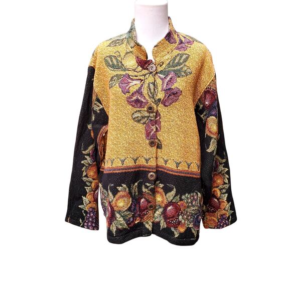 Sugar Street Weavers Gold Black Multi Fruit Woven Tapestry Jacket Floral Sz M - Picture 1 of 13